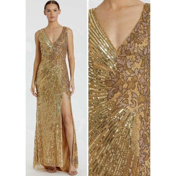 Mac Duggal 5473 Embellished Gown 4 V-Neck Beaded Floral Sleeveless Gold DressNWT - Picture 1 of 16